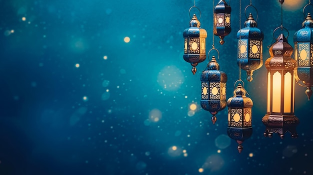 Um fundo azul com luzes e um banner para o ramadã