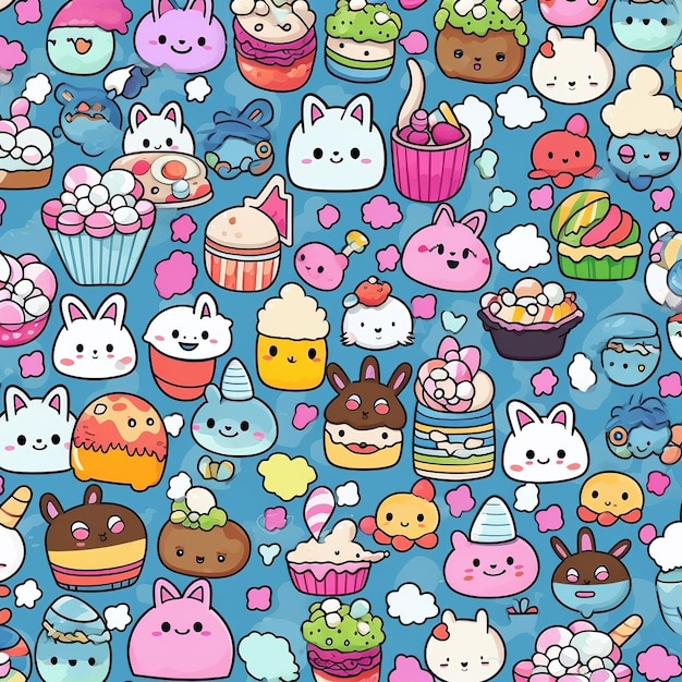 Um fundo azul com muitos cupcakes diferentes e um gato.