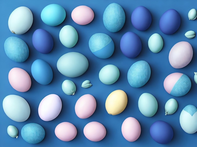 Um fundo azul com muitos ovos coloridos nele.