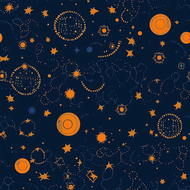 Um fundo azul com planetas e estrelas laranja.