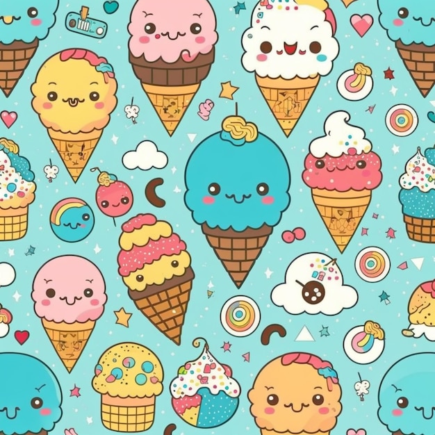 um fundo azul com sorvete e outros sorvetes coloridos generative ai