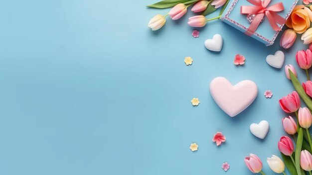 Um fundo azul com um coração e flores.