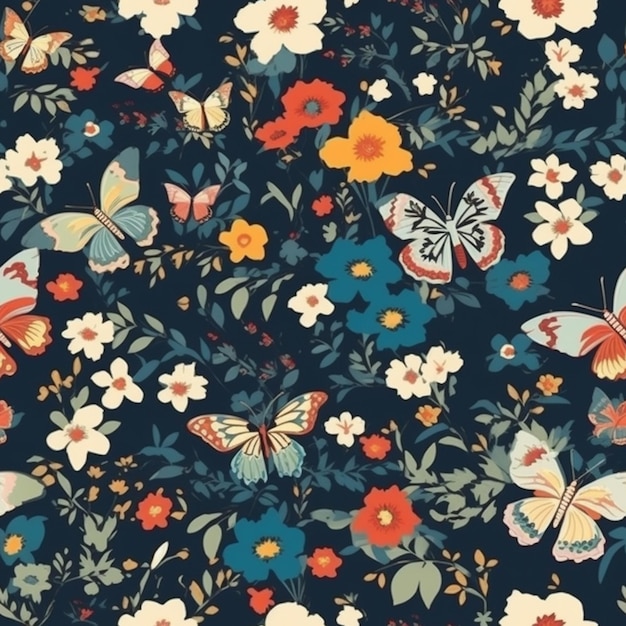 um fundo azul com um monte de borboletas coloridas e flores generativas ai