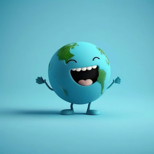 Um fundo azul com um personagem de desenho animado da terra com um rosto e um rosto sorridente.