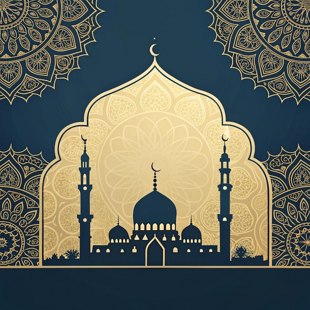 um fundo azul com uma mesquita e uma mesquita nele