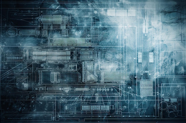 Um fundo azul com uma placa de circuito com as palavras 'tecnologia'