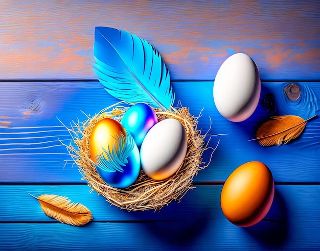 Um fundo azul de madeira com ovos de páscoa e penas.