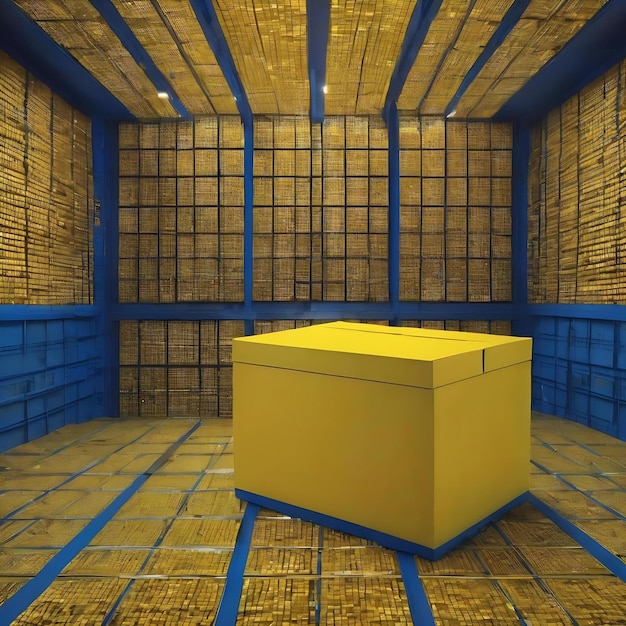 Foto um fundo azul e amarelo com uma caixa azul