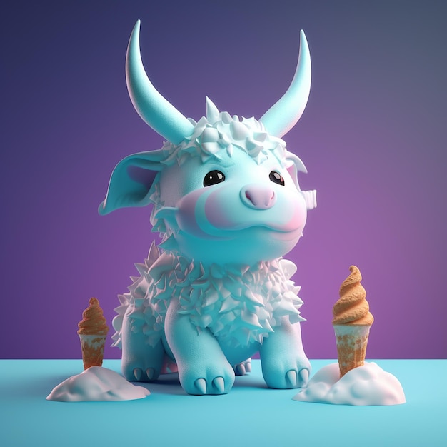 Um fundo azul e roxo com um animal branco e duas casquinhas de sorvete.