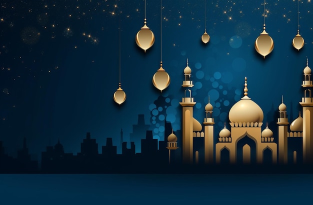 um fundo azul elegante e elegante com ouro Ramadan Kareem no estilo de atey ghailan rando