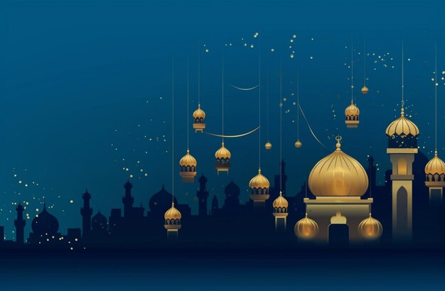 Foto um fundo azul elegante e elegante com ouro ramadan kareem no estilo de atey ghailan rando