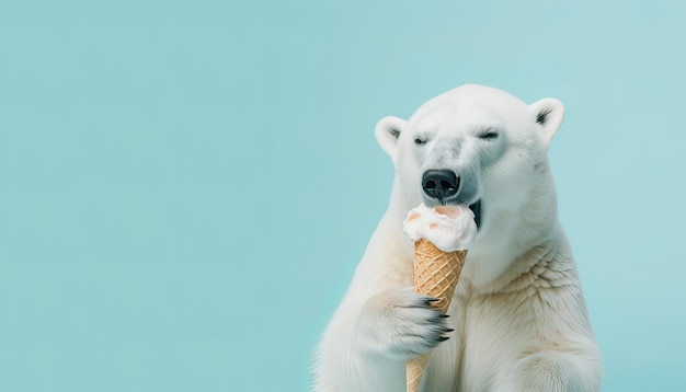 um fundo azul um grande urso polar segura um sorvete cremoso em uma taça de waffle em suas patas