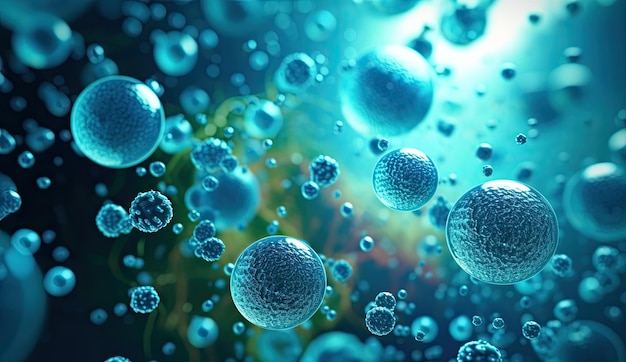 Um fundo azul vívido com um microscópio revelando uma batalha microscópica de bactérias e vírus