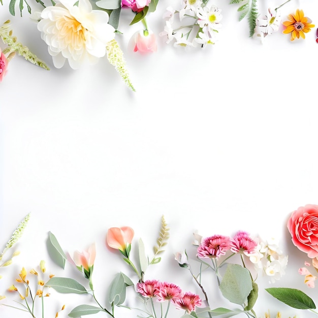 Um fundo branco com flores e folhas ai generativo