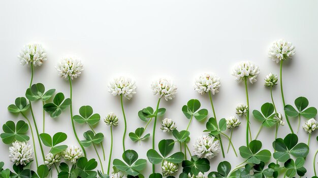 Foto um fundo branco com folhas verdes e flores brancas