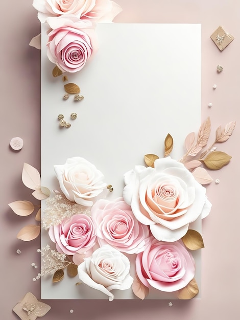 Um fundo branco com rosas cor de rosa e folhas de ouro.