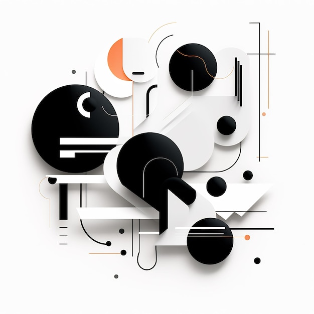 um fundo branco com um círculo preto e laranja e uma seta preta apontando para a direita