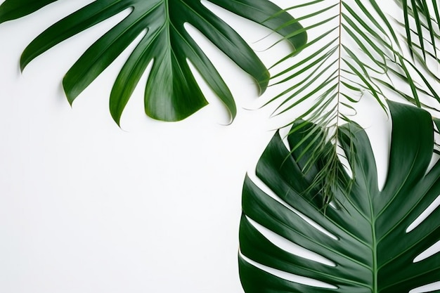 Um fundo branco com uma folha verde de uma planta tropical.