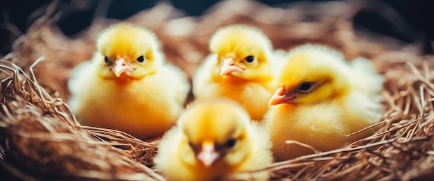 Foto um fundo brincalhão com galinhas de páscoa amarelas brilhantes e ovos coloridos