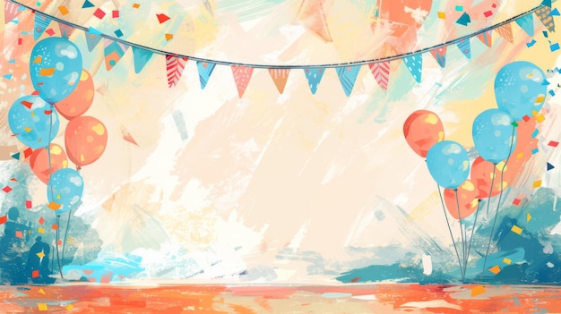 Um fundo colorido cheio de balões vibrantes e confetes caindo