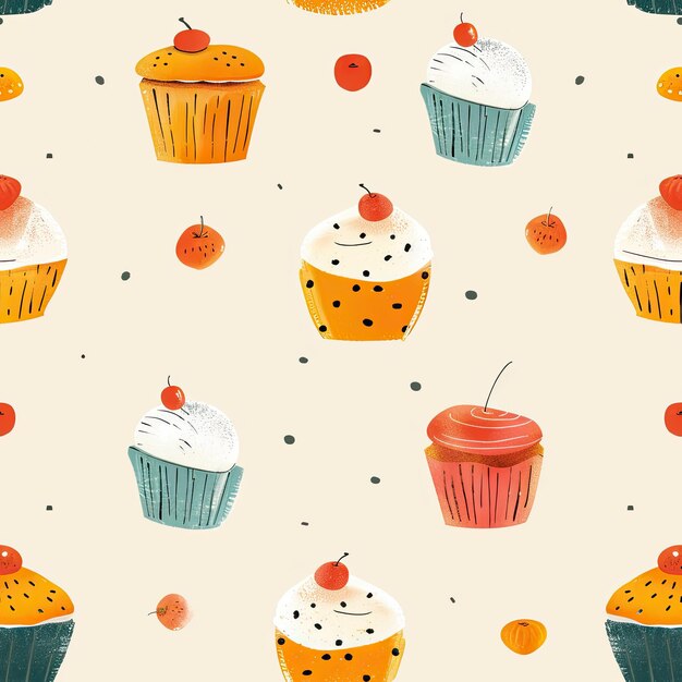 Um fundo colorido com cupcakes e um cupcake com uma cereja na parte superior