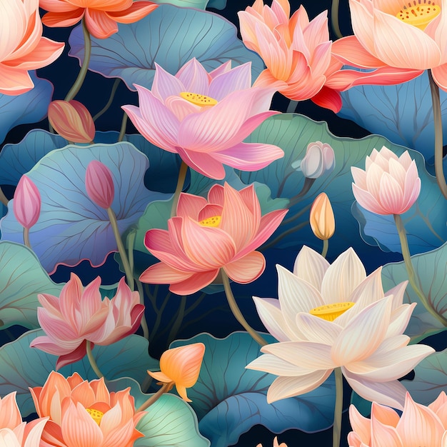 um fundo colorido com flores e folhas de lótus