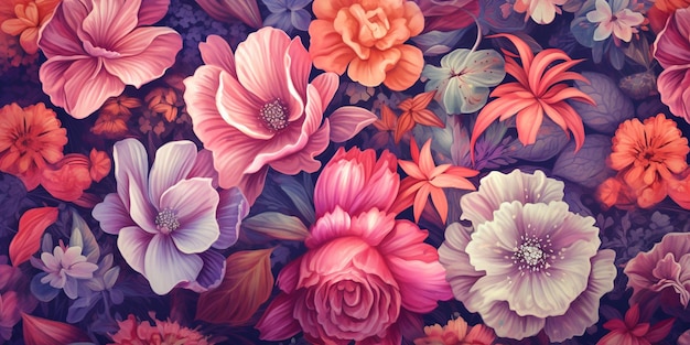 Um fundo colorido com flores e folhas.