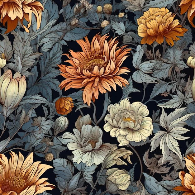 Um fundo colorido com flores e folhas.