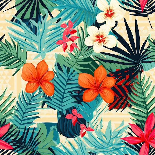 Foto um fundo colorido com flores tropicais e folhas.