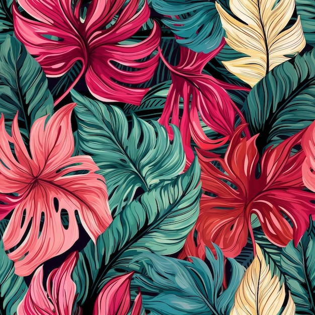 Um fundo colorido com folhas tropicais e flores vermelhas.