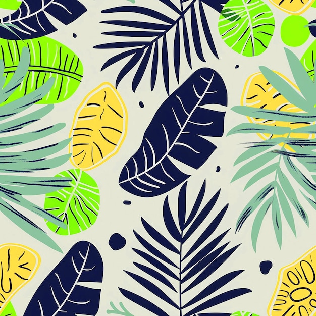 um fundo colorido com folhas tropicais e uma cunha de limão amarelo