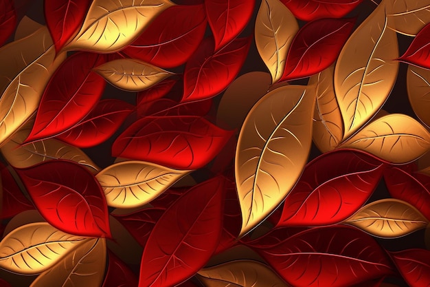 Um fundo colorido com folhas vermelhas e douradas.