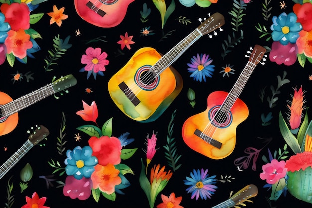 Um fundo colorido com guitarras e flores em um fundo preto.