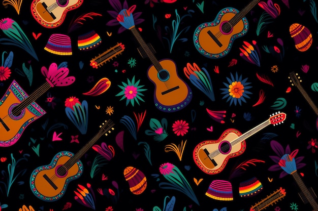 Um fundo colorido com guitarras e flores nele