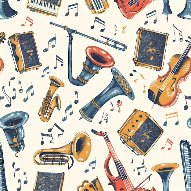 um fundo colorido com instrumentos musicais e instrumentos musicais