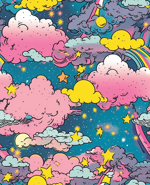 Um fundo colorido com nuvens e arco-íris e estrelas.