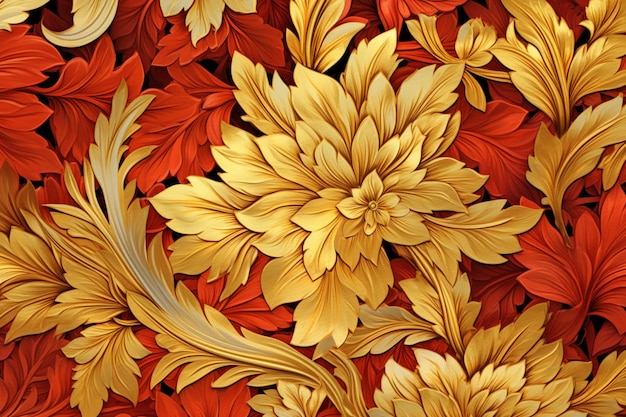 Um fundo colorido com um padrão de flores e folhas.