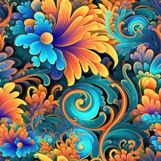 Um fundo colorido com um padrão de flores e redemoinhos