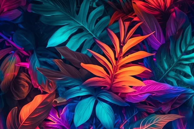 Um fundo colorido com um padrão de folha tropical.