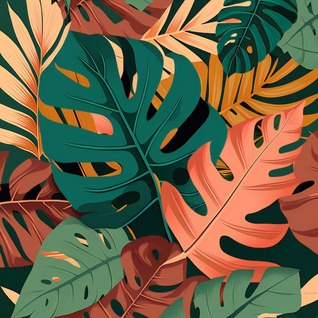 Um fundo colorido com um padrão de plantas tropicais