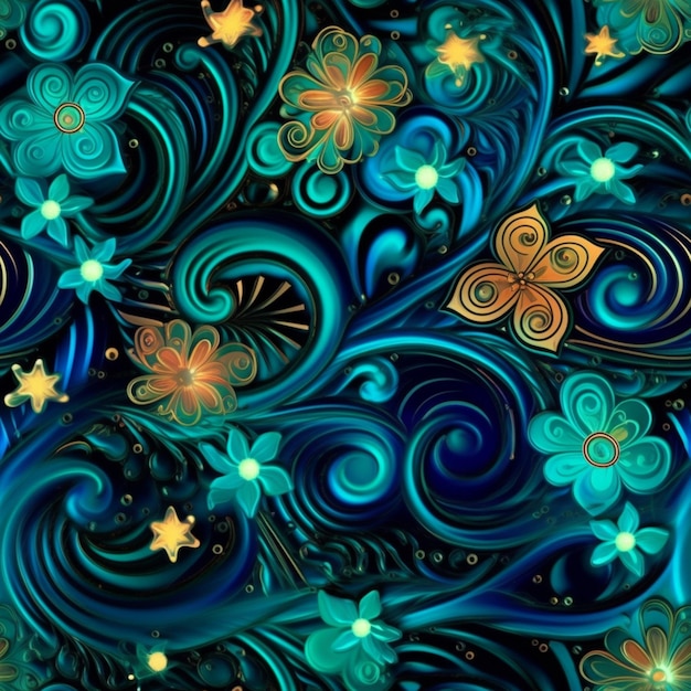 Um fundo colorido com um padrão floral azul e laranja.