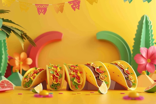 Um fundo colorido com uma bandeira e uma mesa com quatro tacos e um abacaxi