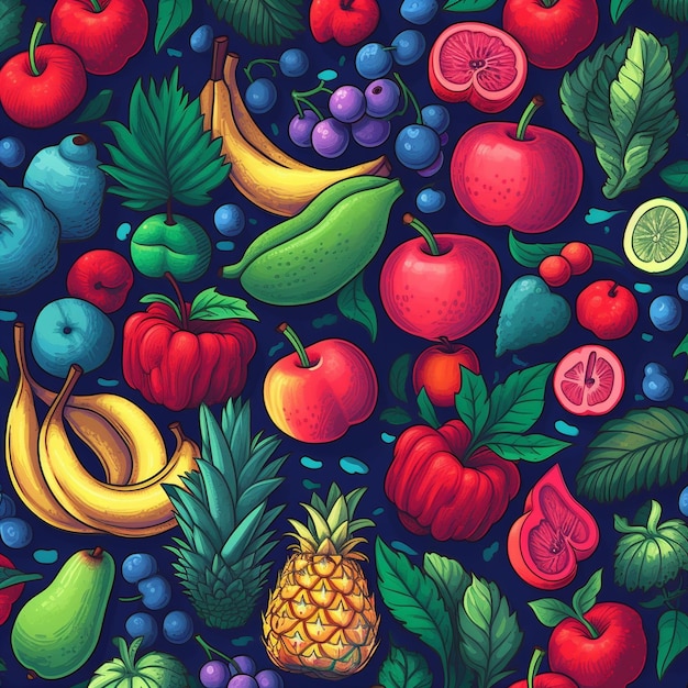 Um fundo colorido de frutas com frutas e bagas.