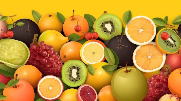 Um fundo colorido de frutas com um fundo amarelo.