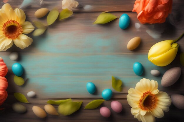Um fundo colorido de páscoa com uma moldura de ovos e um arranjo de flores de ovos.