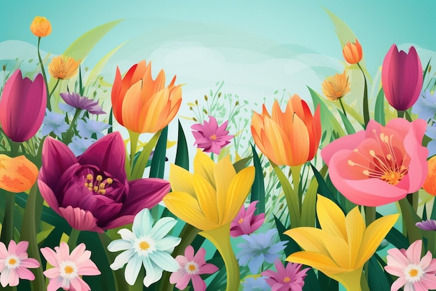 Um fundo colorido de primavera com flores e uma grama verde.