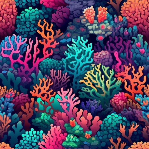 um fundo colorido de recife de coral com muitos corais de cores diferentes geradores de IA