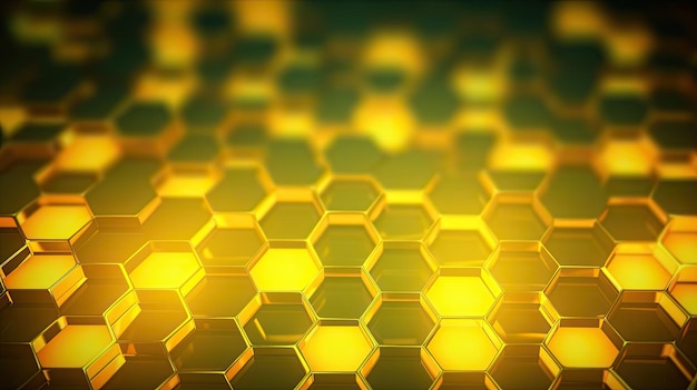 Um fundo com círculos amarelos de néon dispostos em um padrão de favo de mel com um efeito bokeh e um