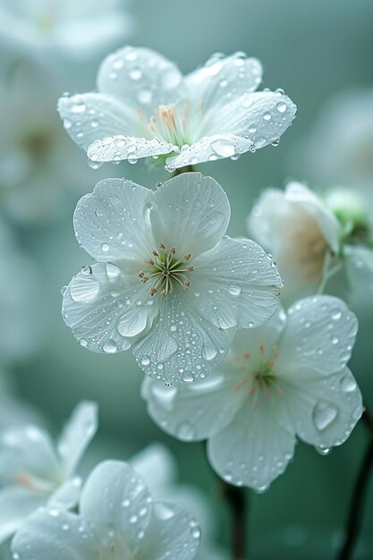 um fundo com elegantes flores brancas e gotas de orvalho suaves