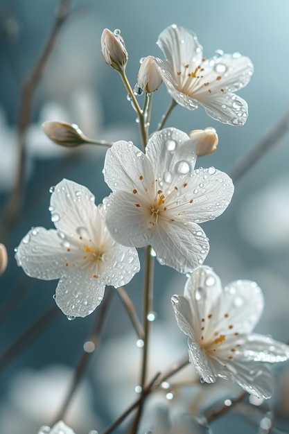 um fundo com elegantes flores brancas e gotas de orvalho suaves